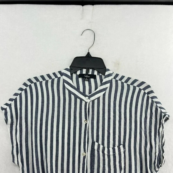 Lulus Blouse Women's S Blue White Stripes Button Up Collared Knot Hem Cropped - Picture 6 of 10